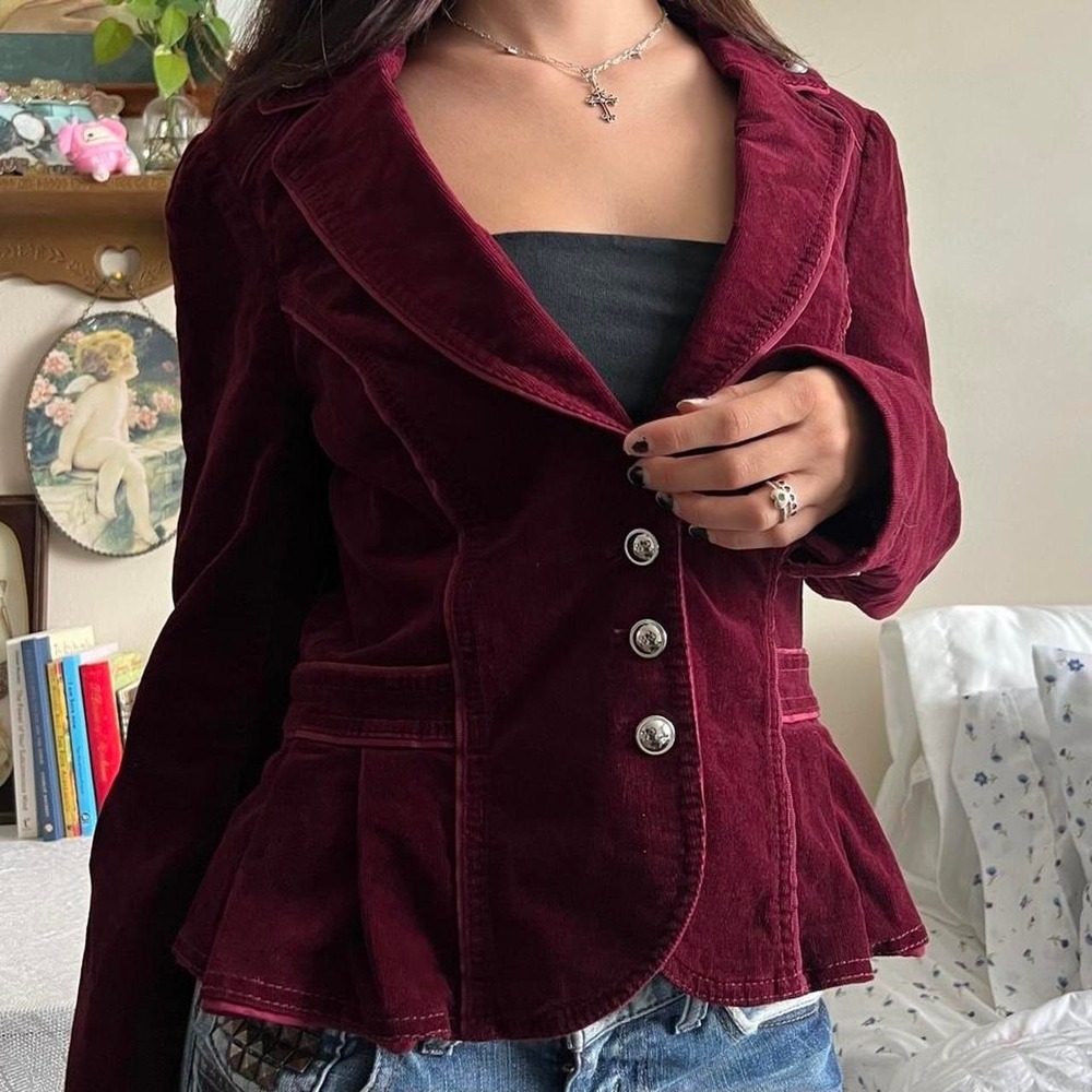 White House Black Market Burgundy Corduroy Blazer Jacket Size 8 Vintage 2000s - Picture 4 of 6
